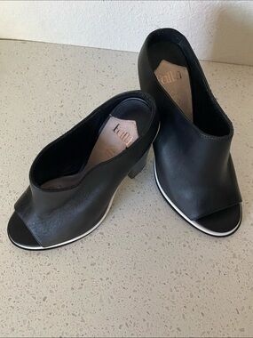 Black Leather Open-Toe Mule Heels by Faith